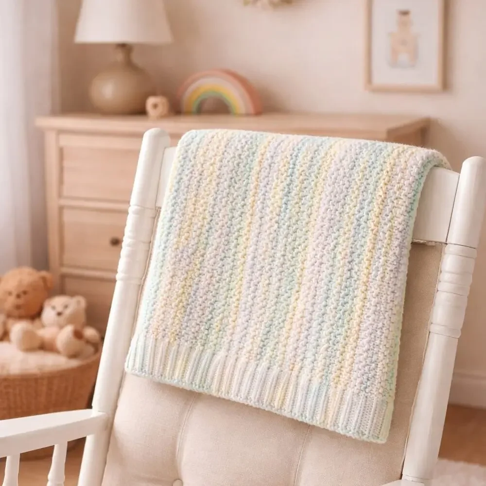 Vintage 1970s Hand Knit Baby Blanket Pastel Yellow Green Stripe 32x34